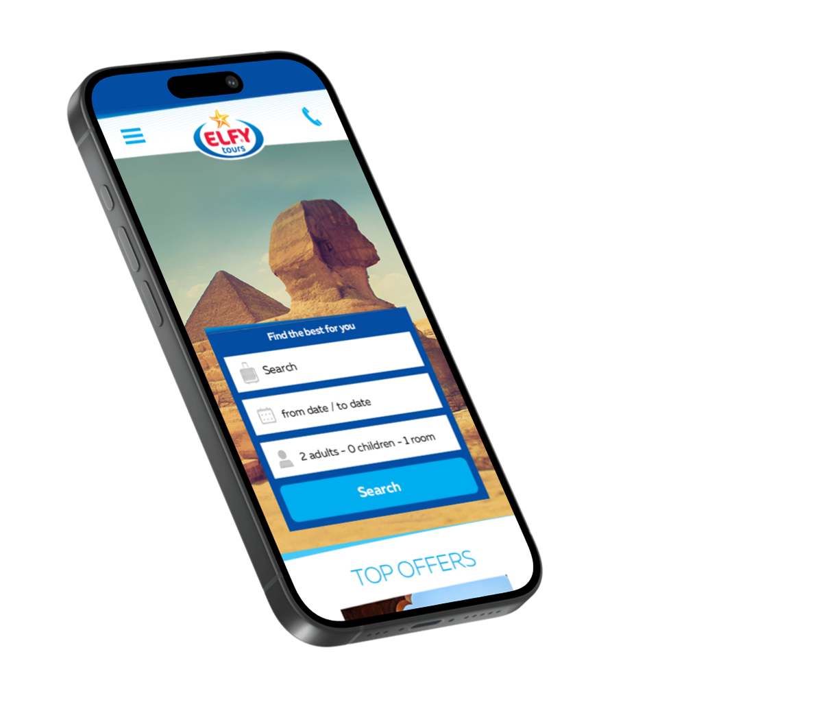 Elfy Tours — Search first — iPhone 15 mockup
